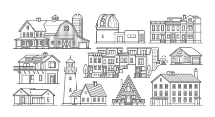 Fototapeta premium Architectural Building Types Outline Icon Set
