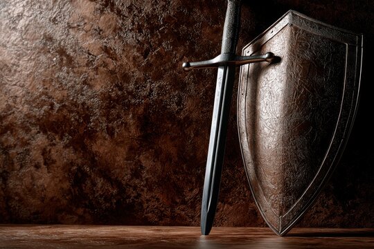 Medieval sword and shield against a stone wall.