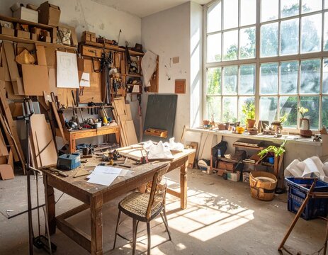 Sunlit carpenter wood workshop with messy wooden workbench, tools on wall, and large window casting natural light, rustic DIY interior