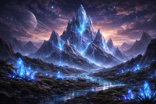 Giant glowing crystal pillars on alien terrain with aurora sky and distant outpost