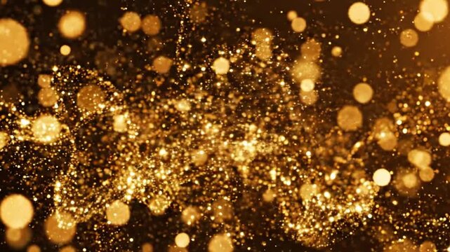 Abstract golden particles floating on a dark background