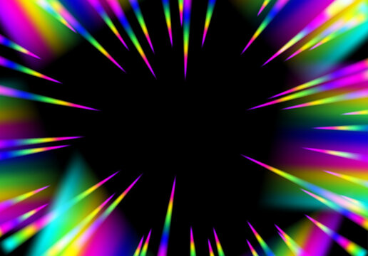 Vibrant neon rainbow burst lines radiating from a black center