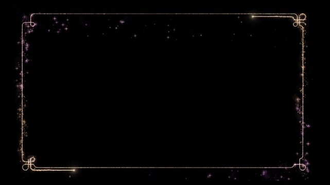 Elegant golden glitter vintage frame with magical glowing sparkles and ornate corner decorations loop animation