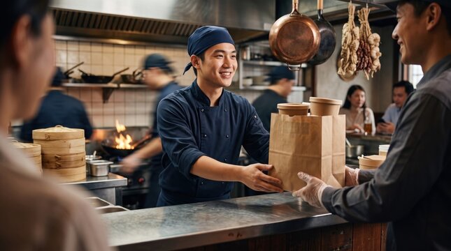 Asian street food chef handing over order in paper craft bags to delivery courier at outdoor Asian restaurant takeaway and food delivery service concept
