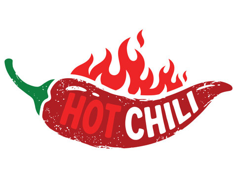 Hot chili pepper icon with fire flames, vector illustration of a spicy red pepper with grunge texture, food logo design element for menu or restaurant