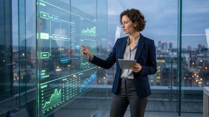 Fototapeta premium Businesswoman Analyzing Data on Interactive Display in Modern Office