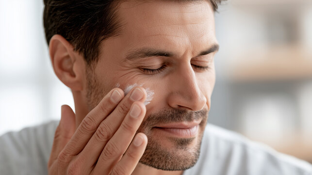 Handsome man applying anti-aging face cream as part of his morning skincare routine.