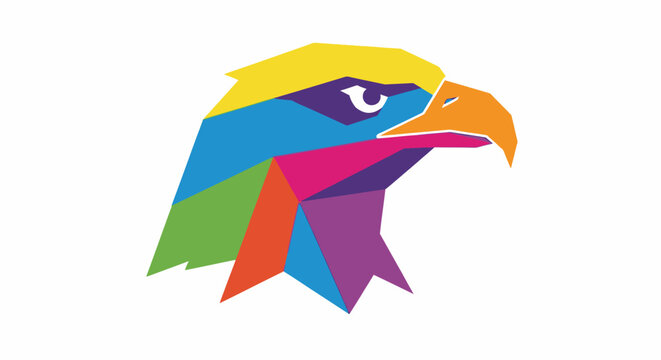 Geometric low poly illustration of a colorful eagle head.