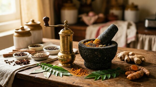 Traditional stone mortar and pestle with spices on wooden table