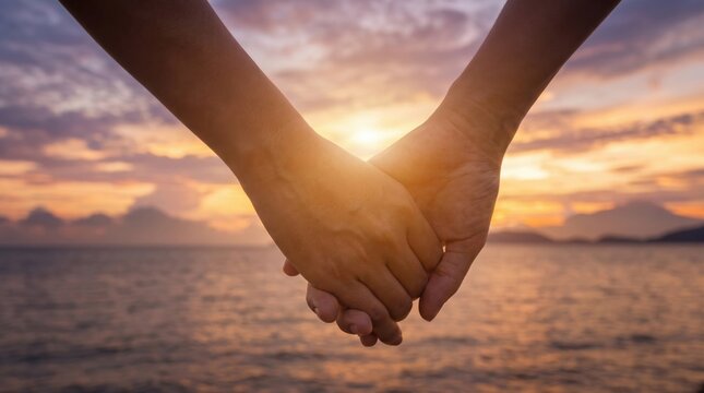 Two hands holding together on sea ocean beach background at golden sunset light close up portrait for love romance relationship support concept