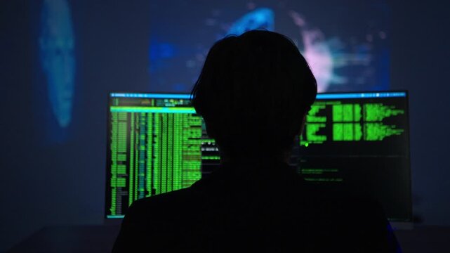 Software developer monitoring artificial intelligence systems and programming code on multiple displays in a modern technology workspace