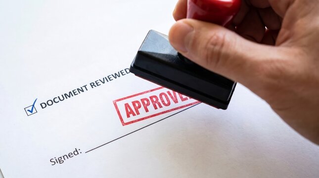 Hand stamping approved seal on a document reviewed checklist