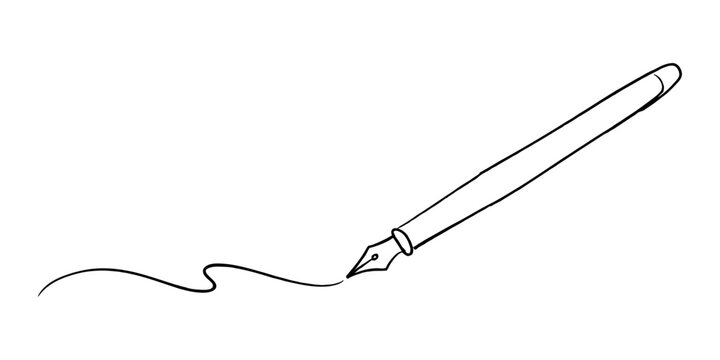 fountain pen and ink, Continuous line drawing of a fountain pen writing on paper with white background in simple style, Pen Signature Continuous Line Icon, Continuous one line of fountain pen.