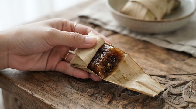 Wajik or Dodol traditional Indonesian sticky rice cake snack wrapped in corn husk or palm leaf held by hand on a rustic wooden table