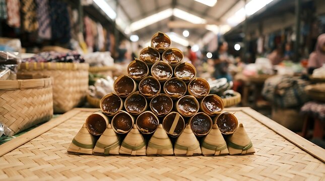 Traditional Indonesian Dodol Garut Arranged in a Pyramid Shape on a Woven Bamboo Tray at a Local Market