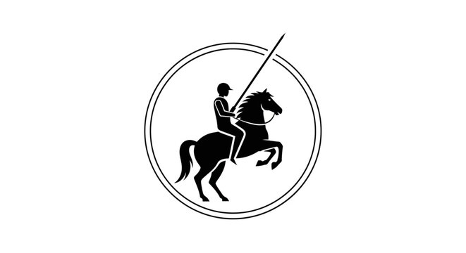 Black silhouette icon of a medieval knight riding a rearing horse with a lance.