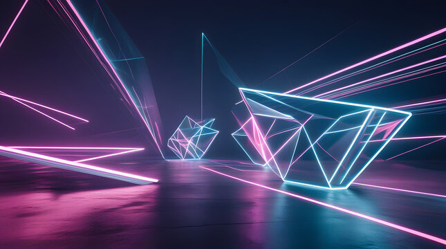 Neon polyhedron structure with glowing lines in futuristic geometric space