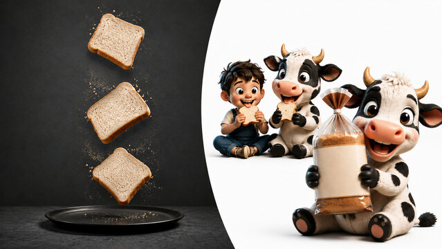 Cute Cartoon Cows and Child Enjoying Bread with Blank Bread Package on Split Background