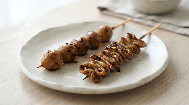 Indonesian traditional street food skewered quail eggs and seasoned intestine satay (sate usus and sate telur puyuh) on a white plate