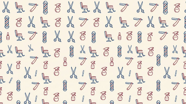 Barbershop Seamless Pattern with Barber Pole Scissors Straight Razor Spray Bottle Chair Line Icons Vector Wallpaper