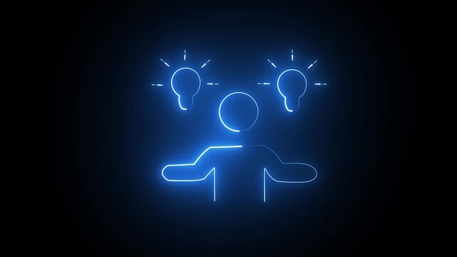 Glowing blue neon icon of a person thinking with two bright light bulbs above their head