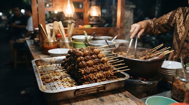 Traditional Indonesian street food vendor selling satay (sate) and quail egg skewers at a night market stall