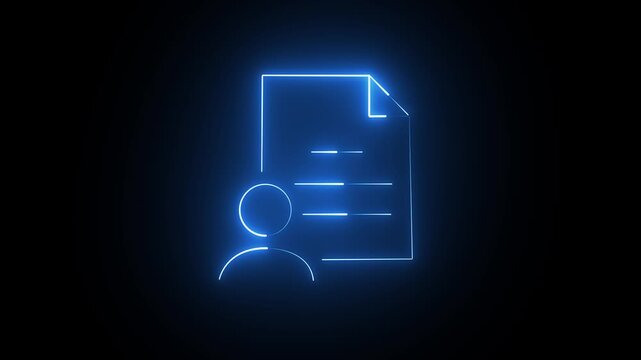 Glowing blue neon outline icon of a person avatar next to a document page on a dark background