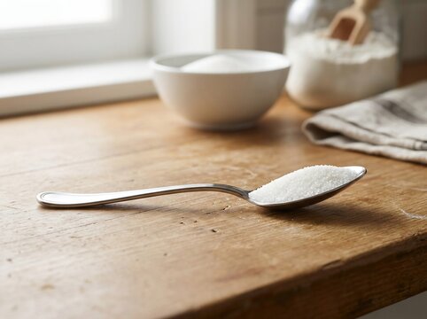 spoonful of white sugar on a wooden kitchen table