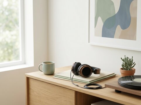 wooden headphones on a desk with vinyl record player
