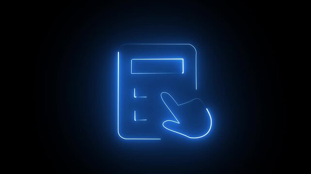 Neon blue glowing calculator icon with a hand pointer clicking on a dark black background