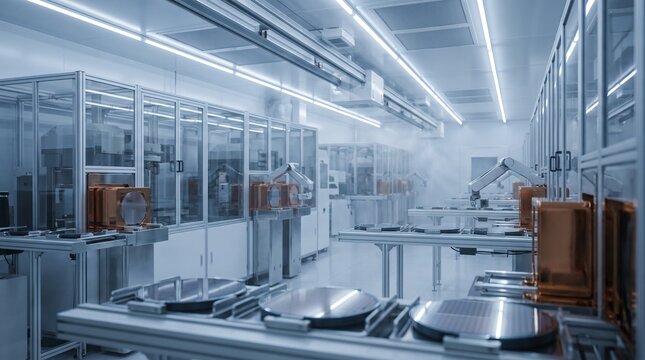Advanced semiconductor fabrication cleanroom with robotic automation. High-tech microchip manufacturing facility using precision equipment and LED...