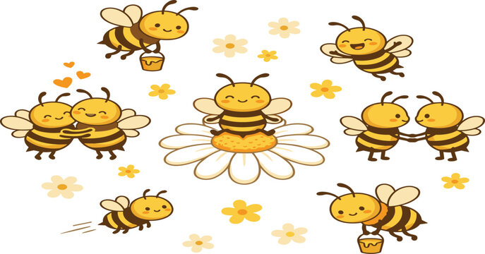 Cute cartoon honey bees collection featuring happy characters flying holding honey pots and sitting on daisy flower vector illustration set