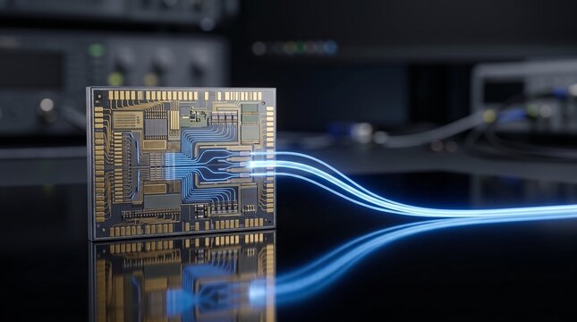 Futuristic silicon photonics microchip with glowing blue circuits. Advanced optical semiconductor technology for high-speed data processing.