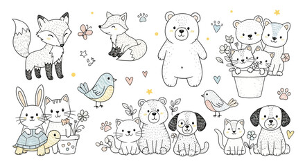Fototapeta premium A collection of cute hand drawn forest animals and birds
