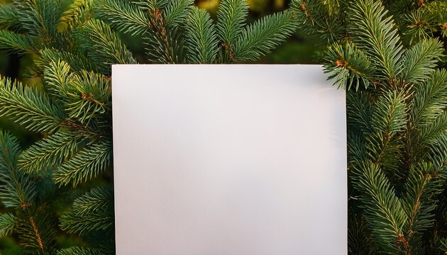 a blank sheet of paper against the background of a spruce tree