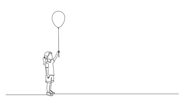 animated continuous line drawing of young girl standing and holding single balloon, minimalist line art animation