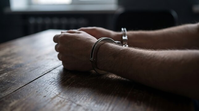 Mans Hands in Handcuffs on Wooden Table.