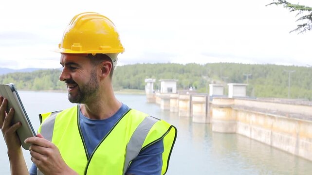 Hydroelectric Infrastructure Engineer Holding a Tablet and Writing Inspection Notes 