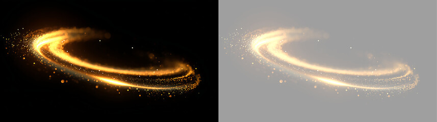 Golden dust ring with glowing particles. Abstract circular light trail on black and transparent background © Антон Миргородський