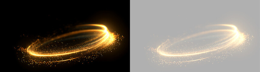 Golden dust ring with glowing particles. Abstract circular light trail on black and transparent background © Антон Миргородський