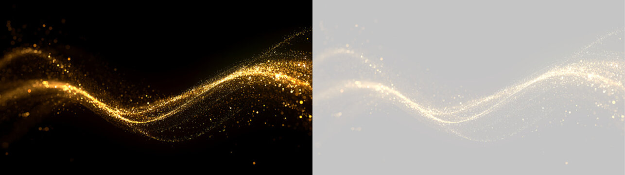 Golden dust wave with sparkling particles. Abstract light trail on black and transparent background