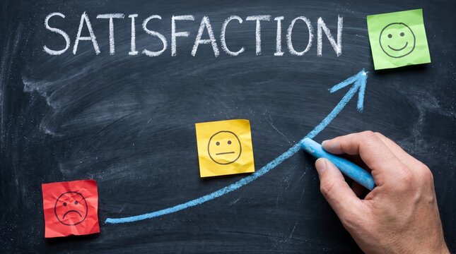 Customer satisfaction concept with hand drawing upward arrow on chalkboard with sticky notes emoticons showing happiness and growth
