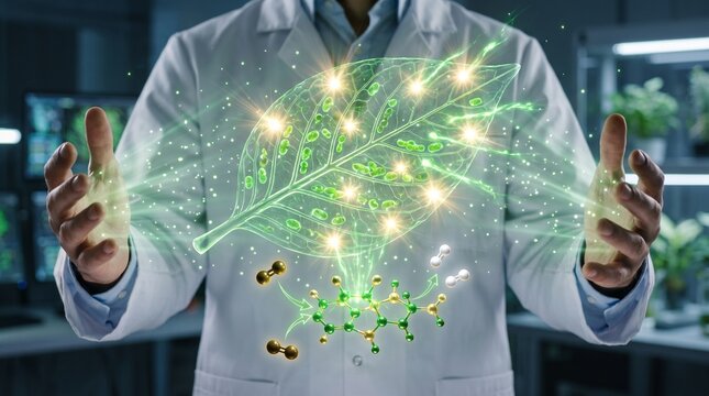 Green technology scientist holding botanical molecular photosynthesis hologram, transparent leaf cellular structure with glowing chloroplasts and renewable energy concept