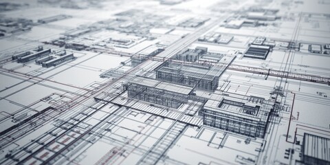Fototapeta premium Architectural Blueprint of Urban Development - Top View, Wireframe Structure, Detailed Lines