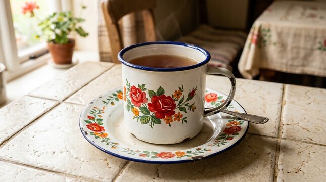 Vintage enamel mug with floral pattern and hot tea on table