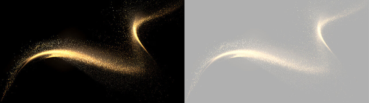 S-shaped golden glitter light trail on black and transparent background. Abstract wave design element