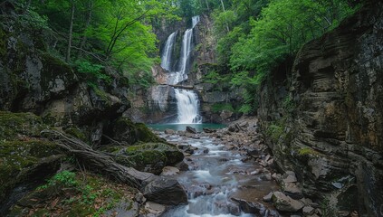 Majestic Waterfall Cascading into a Serene Pool Surrounded by Lush Greenery © TheWaterMeloonProjec