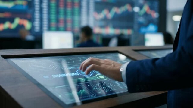 Medium shot focusing on a brokers hand adjusting postquantum security features on a digital panel with a softly blurred trade execution window behind.
