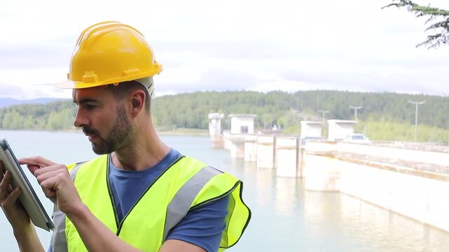 Hydroelectric Infrastructure Engineer Holding a Tablet and Writing Inspection Notes 