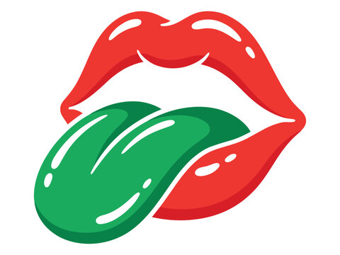 Cartoon lips with green tongue sticking out, vector illustration of a mouth with a funny expression
